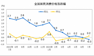 2023年7月全国CPI同比下降0.3% 环比上涨0.2%